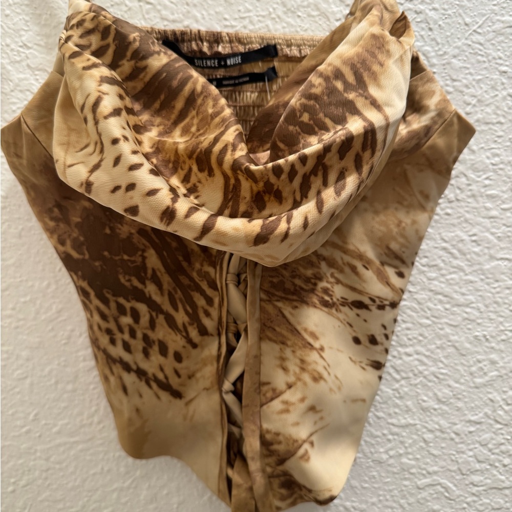 Silence + Noise Tan and Brown Cowl Neck Top